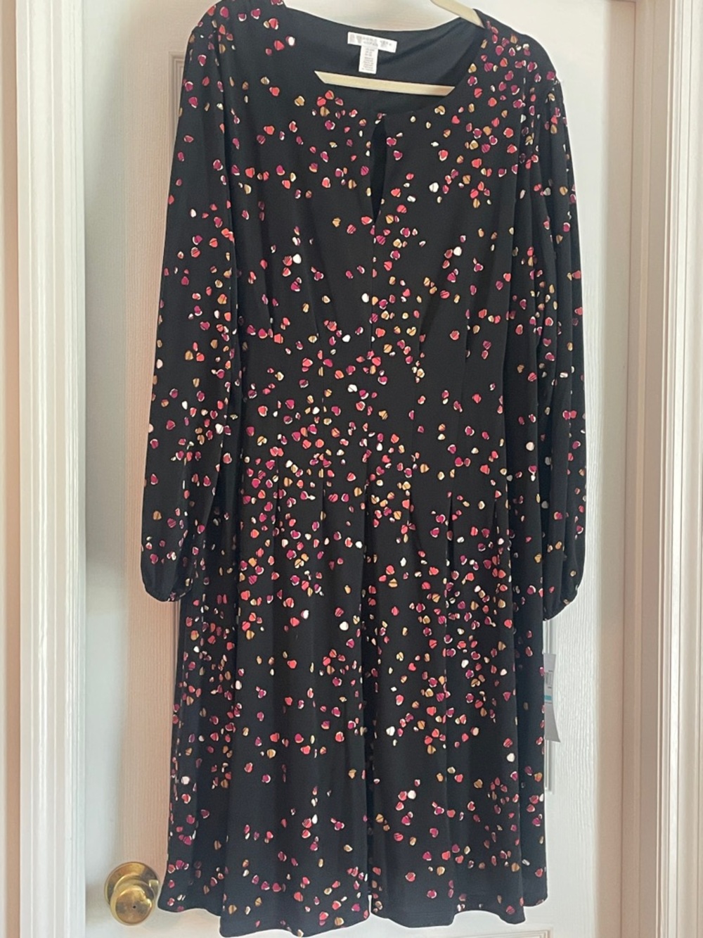 London Times Black Long-Sleeve Dress with Pink and Gold Dot Print